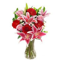 Cheapest Rakhi Flower Delivery in India. 4 Pink Lily 4 Pink Rose 4 Red Gerbera Vase