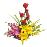 Place Online Order for Rakhi Flowers of 2 Yellow Lily 4 Orchids 5 Red Rose in Flower Basket in India