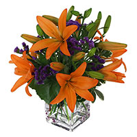 Early Morning Flower Delivery India. Orange Lily Vase 4 Flower Stems on Rakhi