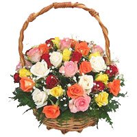 Online Diwali Flowers Delivery in India. Mixed Roses Basket 45 Flowers