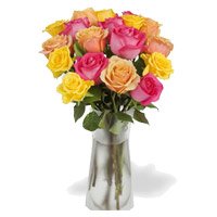 Place order to send Pink, Peach, Yellow Roses Vase 12 Flowers to India on Rakhi