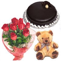 Send Flower in India. Send Bouquet of 12 Red Roses, 1 kg Chocolate Truffle Cake, 9 inch Teddy for Durga Puja