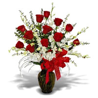Diwali Flowers to India with 5 White Orchids 12 Red Roses Vase
