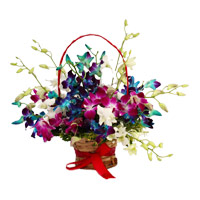 Send Online Mixed Orchid Basket with 9 Stem of Rakhi Flowers to India