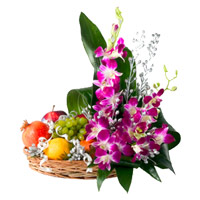 Send Rakhi Gifts to India. 5 Purple Orchids 2 Kg Fresh Fruits Basket