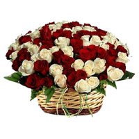 Online Flower Delivery of Red White Roses Basket 50 Flowers in India for Rakhi