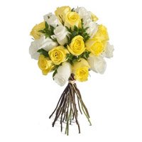 Send Rakhi to India Same Day Delivery, Send Online Yellow White Roses Bouquet 24 flowers to India
