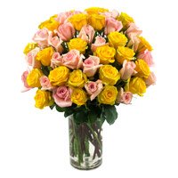 Send Yellow Pink Roses Vase 50 Flowers with Rakhi Online India