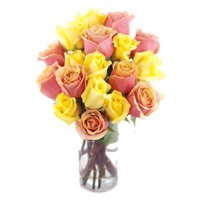 Order Online New Born Flowers to India. Yellow Pink Roses Vase 15 Flowers in India