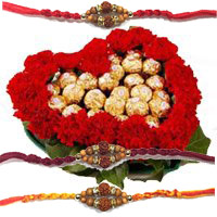 Deliver 24 Red Carnation Flowers with 24 Ferrero Rocher Chocolate and Rakhi Gifts to India in Heart Arrangement