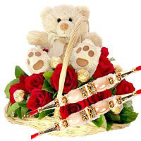 Online Rakhi Gift Delivery to India contain 12 Red Roses, 10 Ferrero Rocher and 9 Inch Teddy Basket