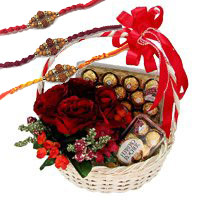 Order Rakhi Gifts to India. 12 Red Roses, 40 Pcs Basket of Ferrero Rocher Chocolates to India