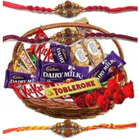 Online Order for Basket of Assorted Chocolate and 10 Red Roses and Rakhi Gifts in India