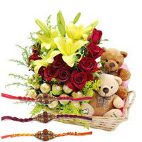Send 2 Lily 12 Roses 16 Ferrero Rocher Twin Small Teddy Basket with Rakhi to India