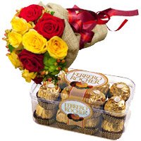 Dussehra Gifts Delivery in India. Send 12 Red Yellow Roses Bunch 16 Pcs Ferrero Rocher chocolate in India