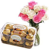 Place Online Order for 10 Pink White Roses Vase 16 Pcs Ferrero Rocher Chocolates for Her to India