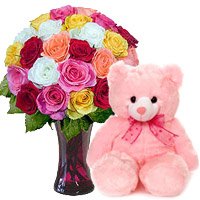 Get 24 Mix Roses Vase 6 Inch Teddy Bear India. New Born Flowers to India