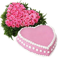 Deliver online Rakhi with 36 Pink Roses Heart with 1 Kg Eggless Strawberry Cakes to India