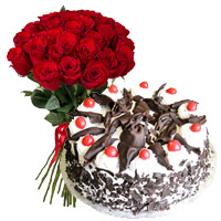 Best Rakhi Gift in India. 24 Red Roses with Rakhi and 1 Kg Black Forest Cake 5 Star Bakery