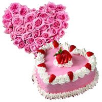 Deliver Wedding Flowers in India. 24 Pink Roses Heart 1 Kg Strawberry Heart Cake to India