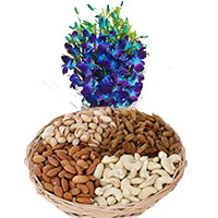Diwali Gifts to India. Blue Orchid Bunch 10 Flowers Stem with 1/2 Kg Mix Dry Fruits to Udupi