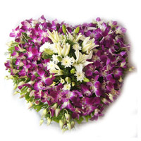 Diwali Flowers to India with 3 White Lily 15 Orchids Heart Arrangement