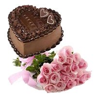 On Wedding, Send Bunch of 15 Pink Roses with 1 Kg Heart Shape Chocolate Truffle Cakes in India