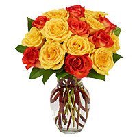 Deliver Flowers to India this Father's Day. Yellow Red Roses Vase 15 Flowers in India